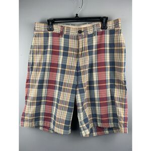 Nautica Mens Shorts sz 34 Blue‎ Plaid Flat Front Relaxed Fit 100% Cotton